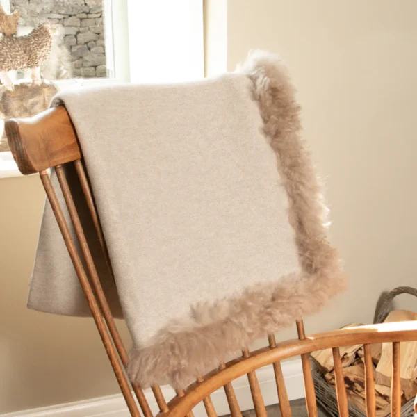 Beige Wool Blanket Sheepskin Trim