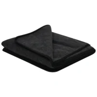 A dark grey fleece blanket with black trim along the edges, shown on a plain white background. The thick, soft material is neatly folded, displaying the top and some inner layers.