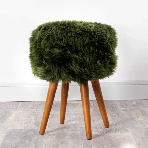 Green Sheepskin Dark Wood Stool