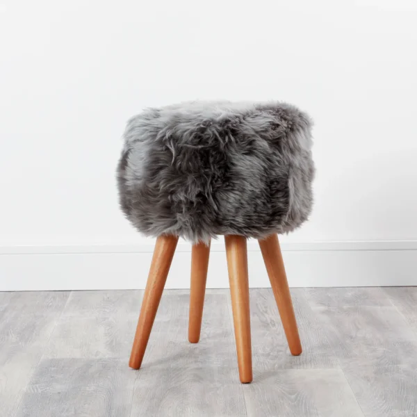 Grey Sheepskin Dark Wood Stool