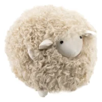 Natural White Lamby Childrens Sheepskin Stool, featuring a round, fluffy cream wool body, small white ears, and simple black eyes and nose for a cute cartoon look.