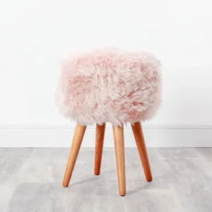 Pink Sheepskin Dark Wood Stool