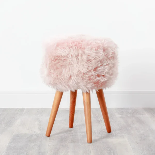 Pink Sheepskin Dark Wood Stool