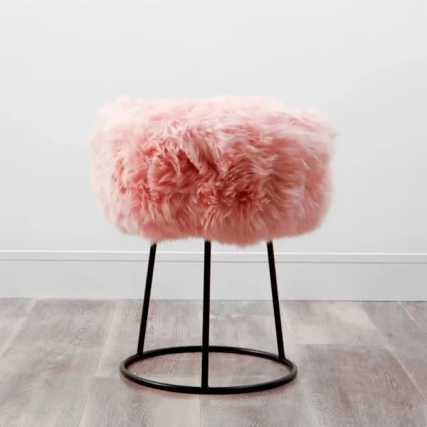 Pastel Pink Sheepskin Stool - Metal Legs