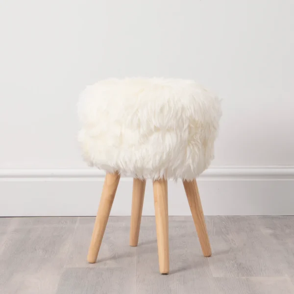 White Sheepskin Stool - Light Oak