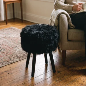 Black Sheepskin Stool - Black Wooden Legs