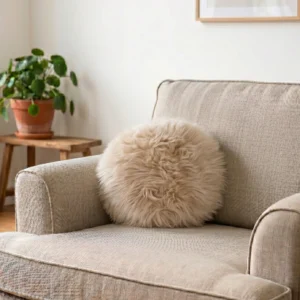 Natural Sand Beige Round Sheepskin Cushion