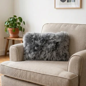 Battleship Grey Rectangular Sheepskin Cushion
