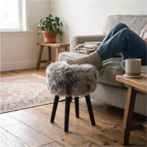 Grey Sheepskin Wood Stool - Black