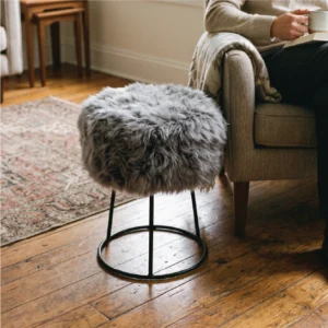 Battleship Grey Sheepskin Stool - Metal Legs