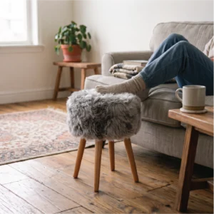 Battleship Grey Sheepskin Stool - Oak Legs