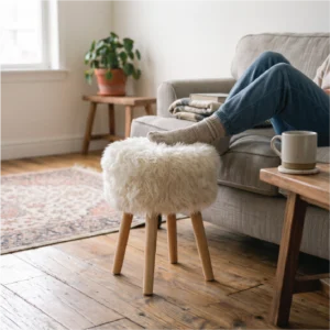 White Sheepskin Stool - Oak Legs