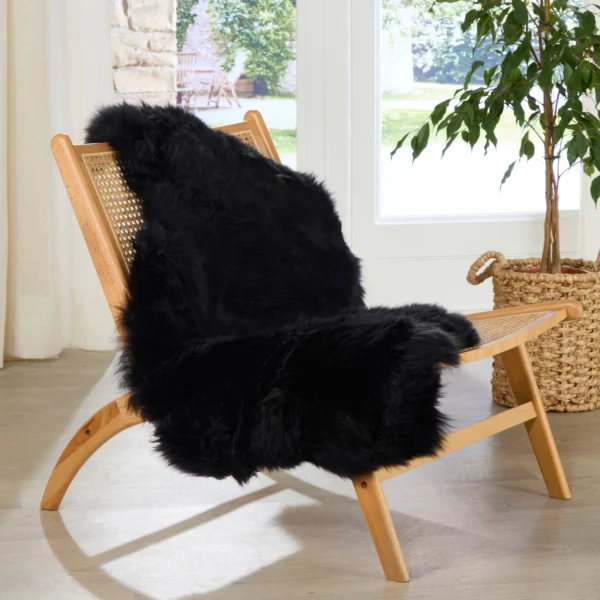 A light wooden lounge chair with a woven cane back and seat is draped with an Extra Large Black Sheepskin Rug. The chair stands on a light wood floor near a woven basket holding a leafy green plant, in front of bright windows with outdoor greenery.