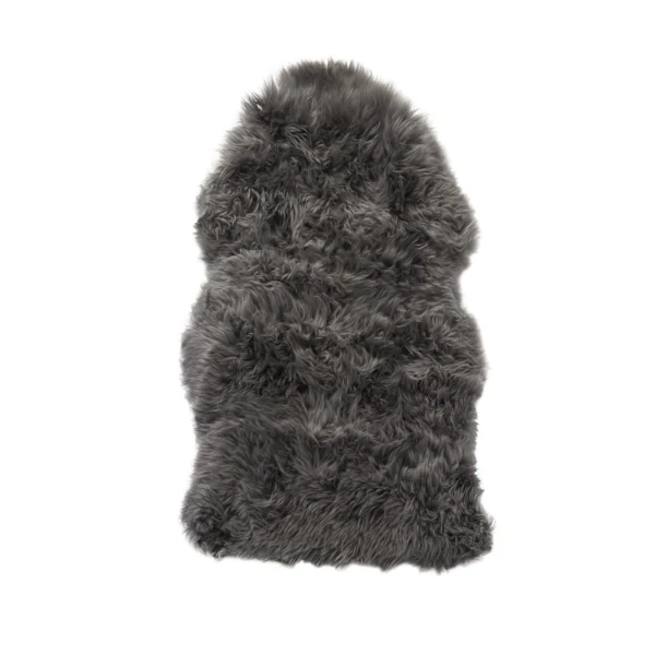 The Grey Sheepskin Rug – Extra Large is rectangular with long, soft, wavy dark grey fibres. Its thick, plush texture and irregular edges give it a natural look. Shown on a plain white background.