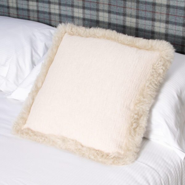 Beige Linen Cushion with Sheepskin Trim 45x45cm