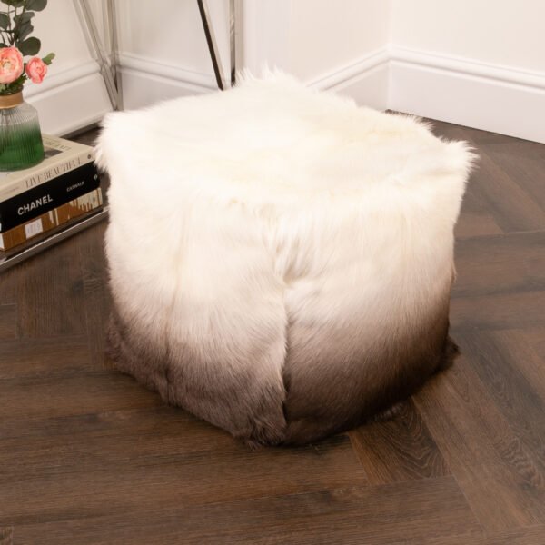 Ivory and Brown Goatskin Ombre Pouf