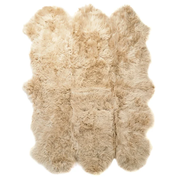 The Champagne 6 Pelt Sheepskin Rug features multiple sewn sheep pelts, creating a soft, fluffy texture with natural variations in length and shade, and an irregular edge for a cosy, organic look.