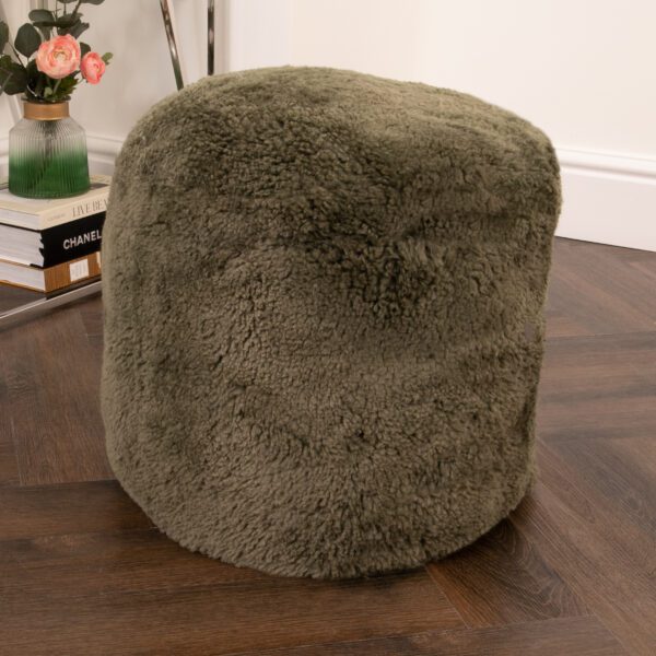 Khaki Green Short Pile Sheepskin Pouf