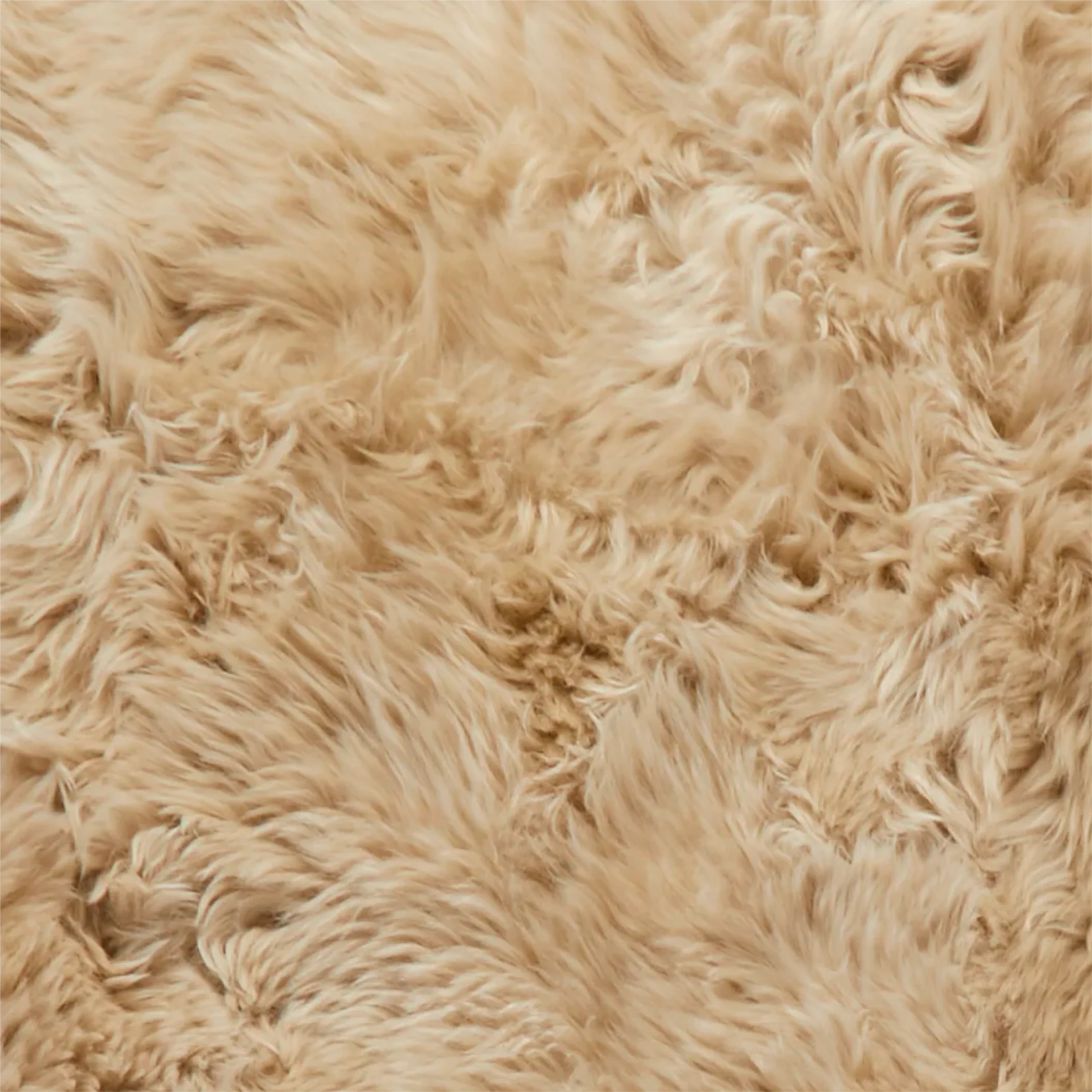 Close-up image of soft, light beige fibres with a wavy, fluffy, and slightly tangled texture. The plush surface appears dense, showing subtle variations in colour and direction, evoking warmth and cosiness. Includes sheepskin.