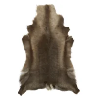 The Dark Coloured Reindeer Hide features a large, flat, irregular shape with brown and grey fur, darker centre, and lighter edges. Shown from above on a white background, it displays visible natural colour variations.