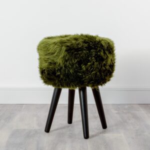 Olive Green Sheepskin Wood Stool - Black