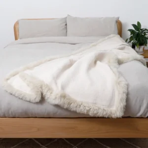 Sand Beige Linen Throw Sheepskin Trim