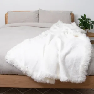 White Linen Blanket Sheepskin Trim