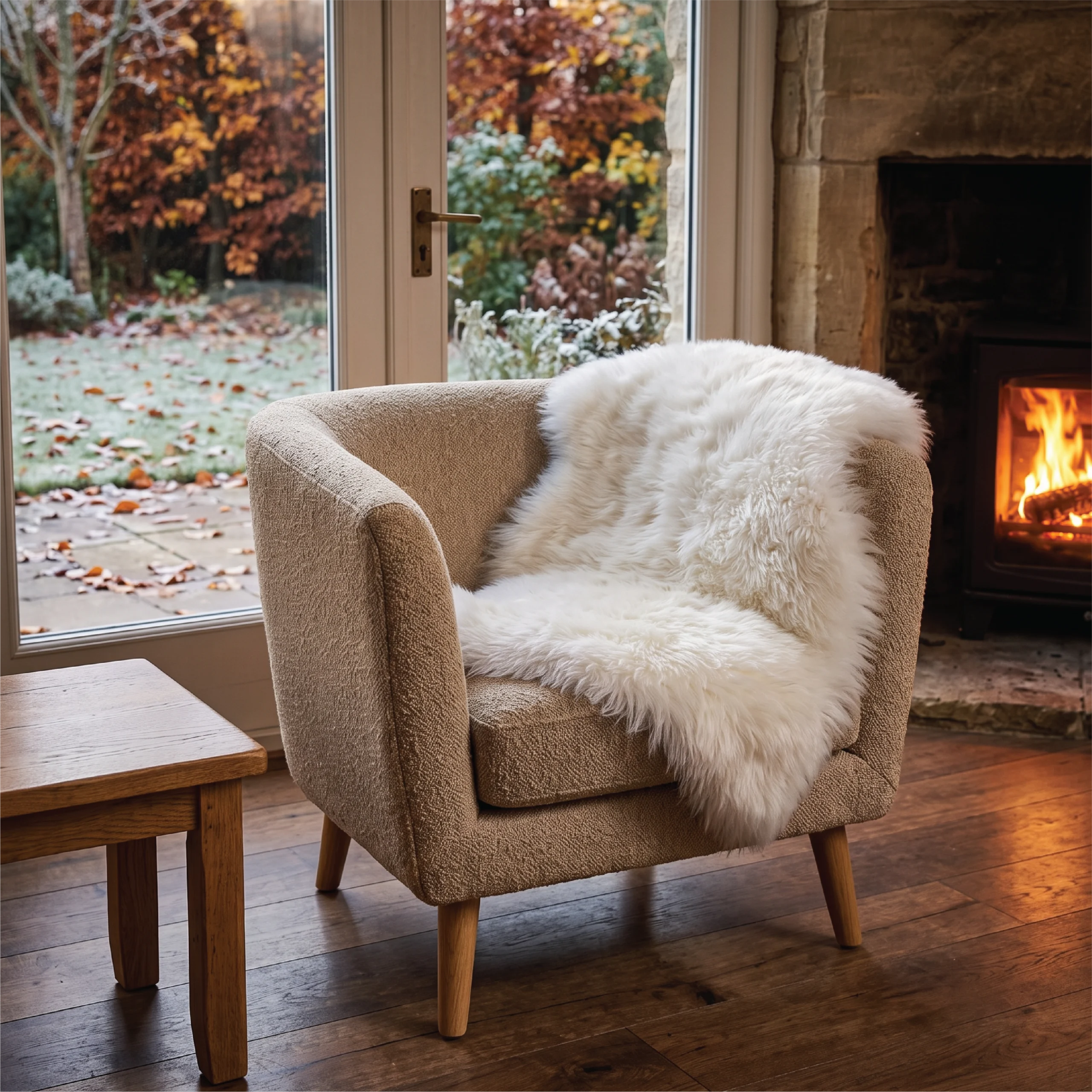Cosy sheepskin chair and footstool