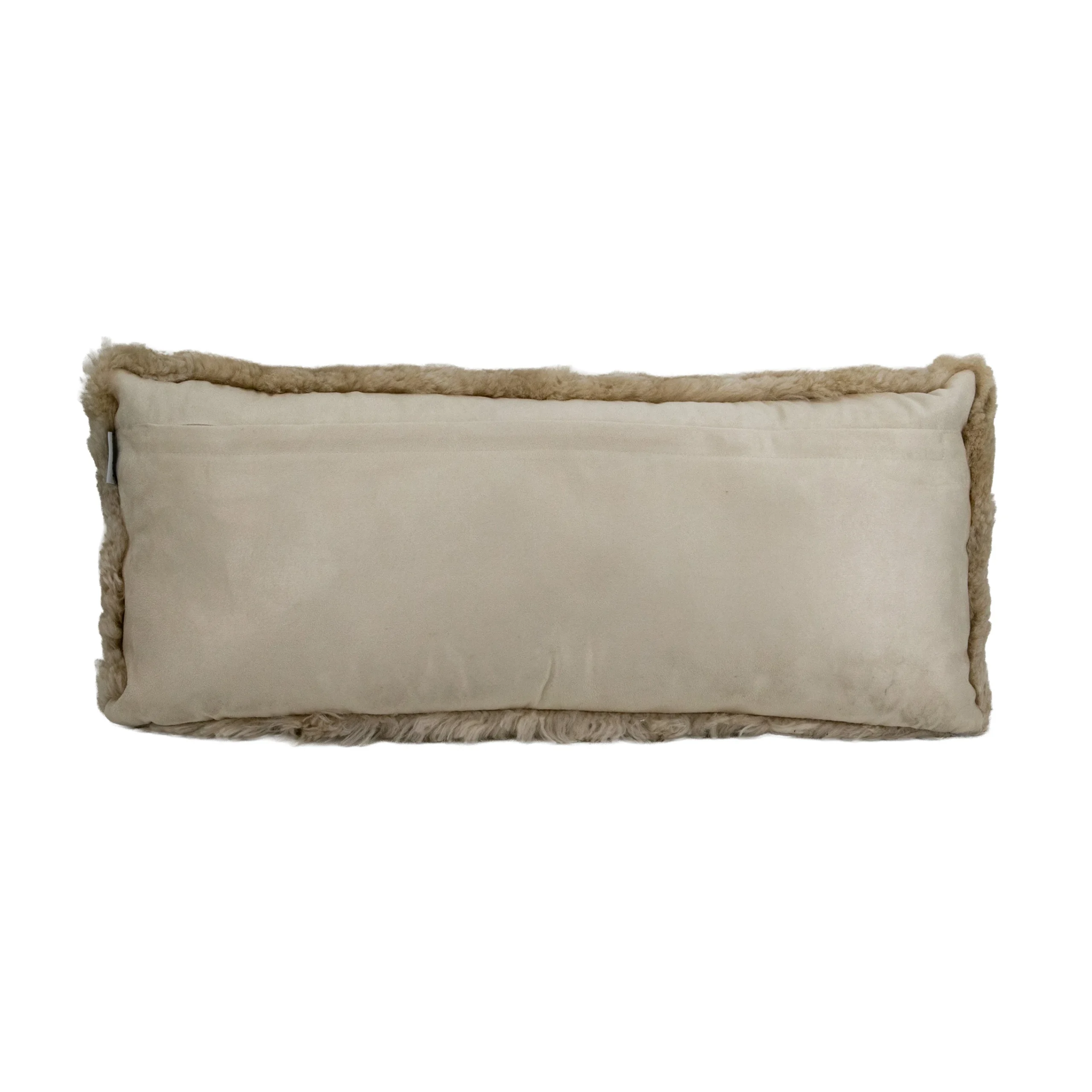 Champagne beige long rectangular cushion with a short shearling border and smooth velvet back.