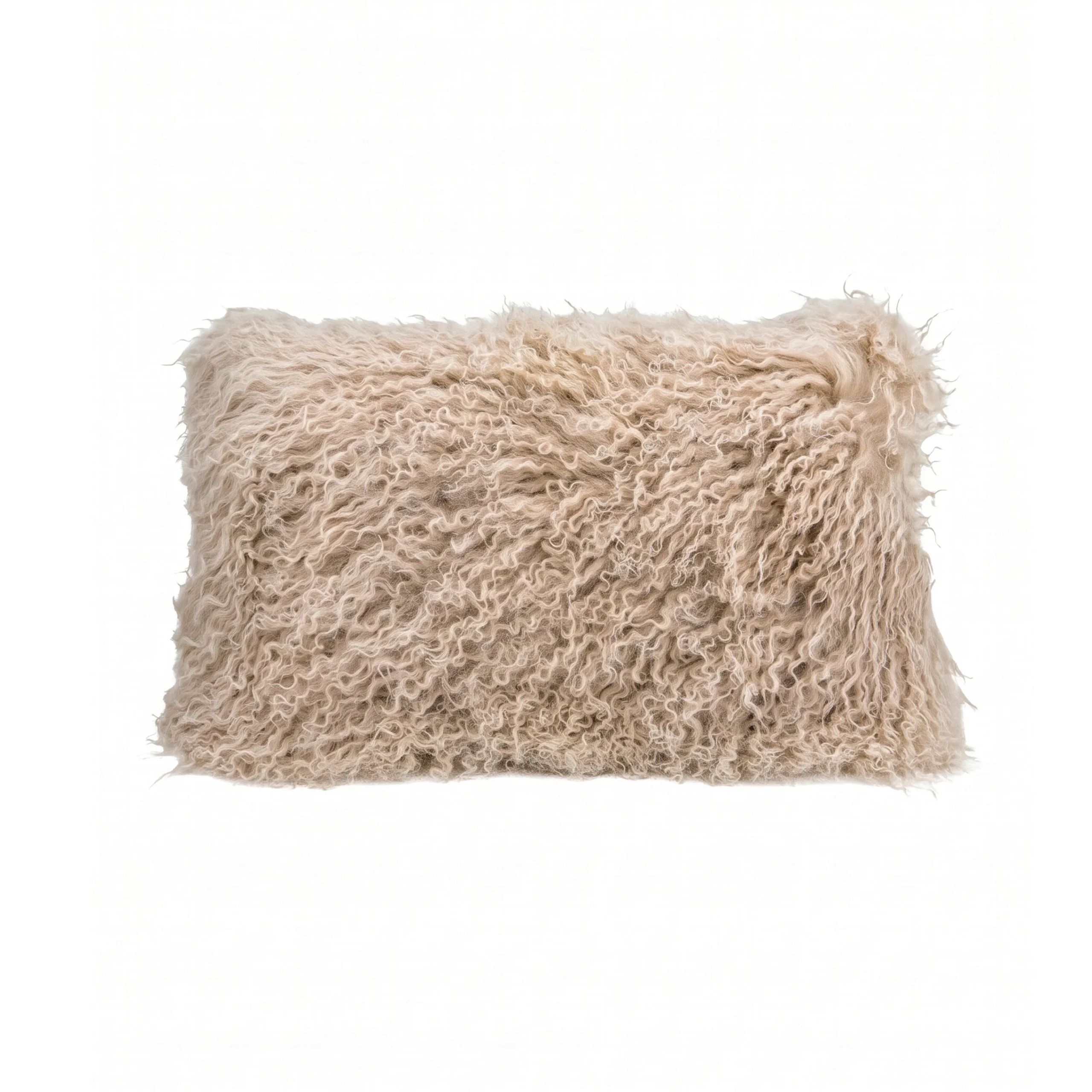 Rectangular Mongolian sheepskin cushion in light beige with long curly wool texture on the front.