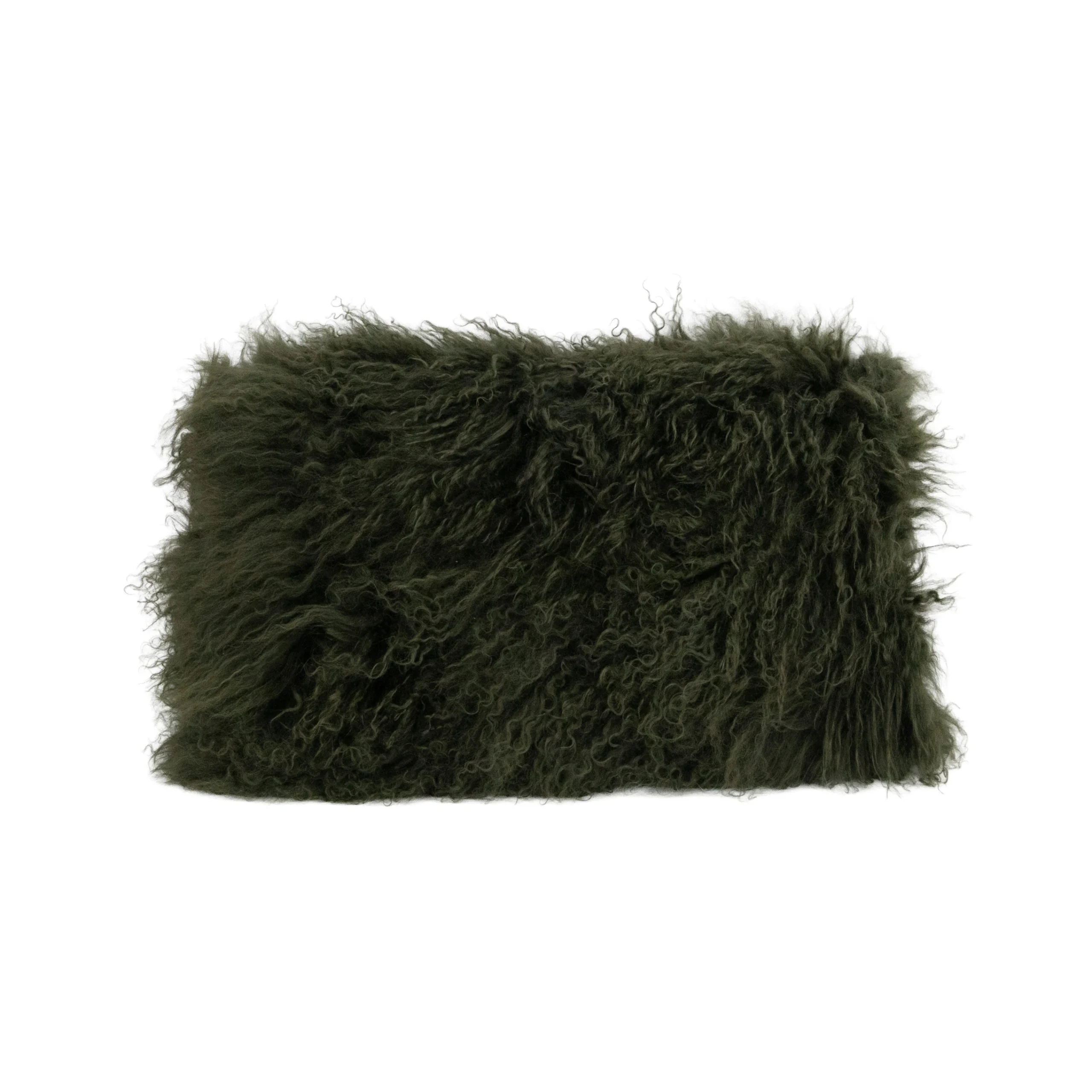 Rectangular forest green Mongolian sheepskin cushion with long curly fur on the front.