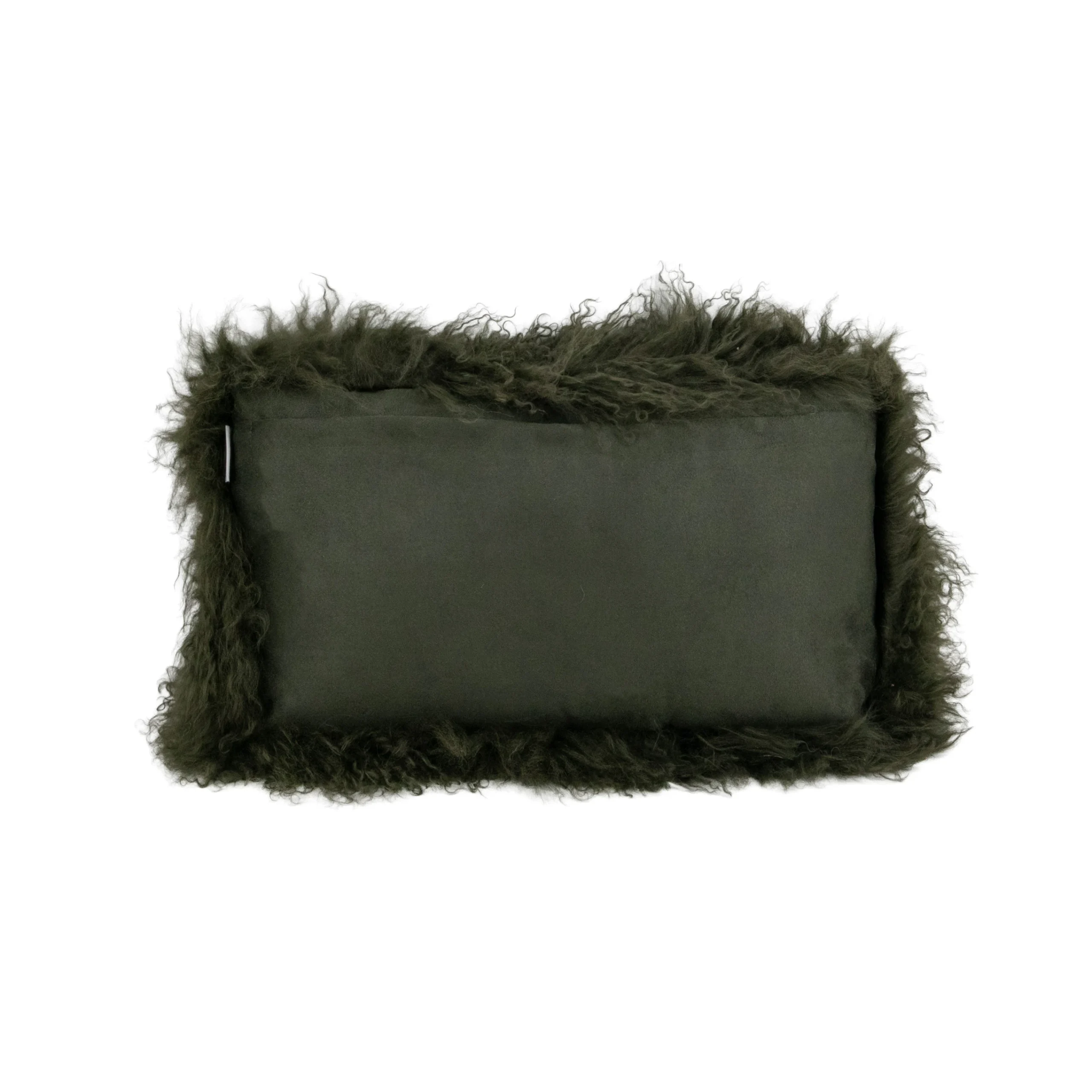 Rectangular forest green cushion with a smooth velvet back and a shaggy Mongolian sheepskin border.
