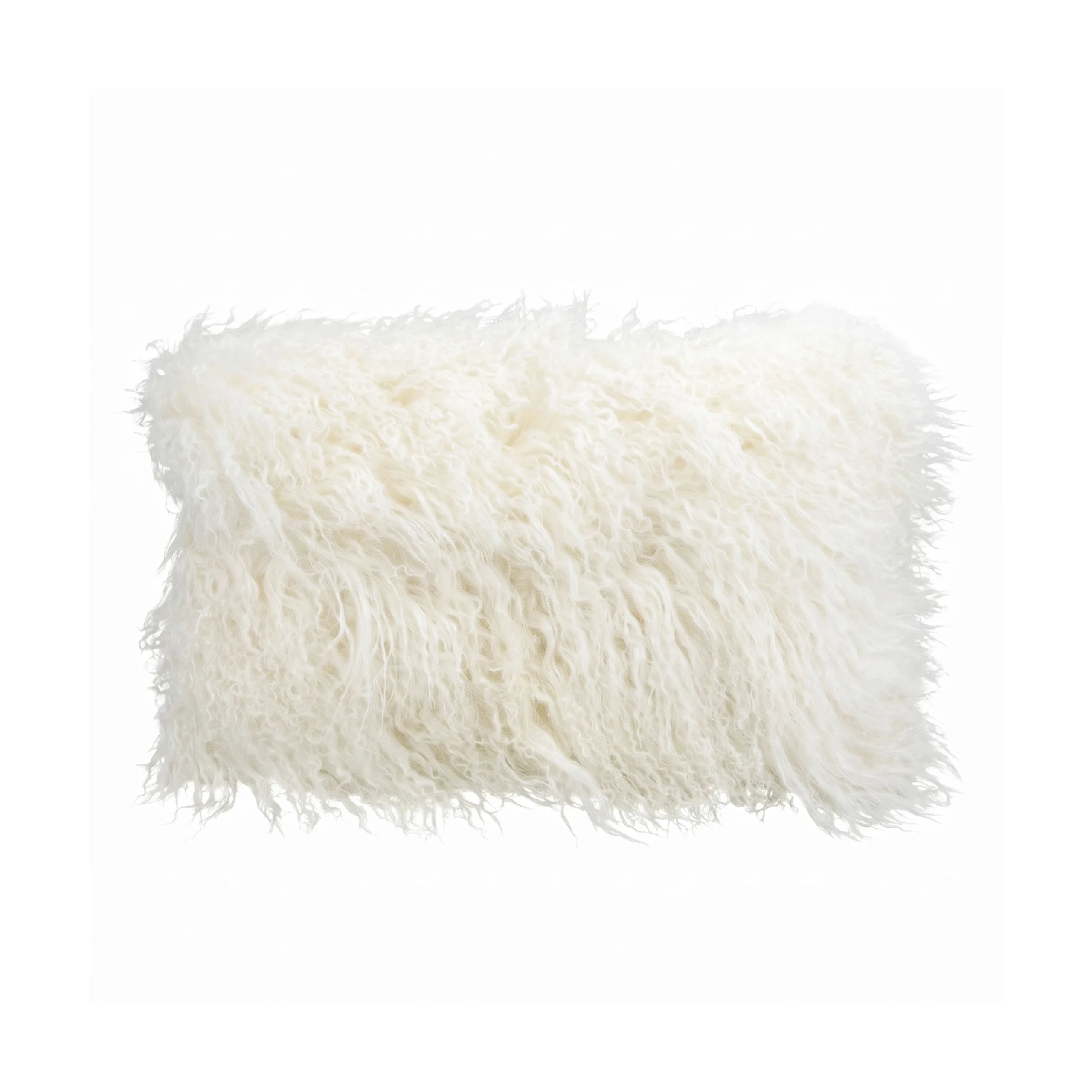 Rectangular ivory Mongolian sheepskin cushion with long curly wool texture on the front.