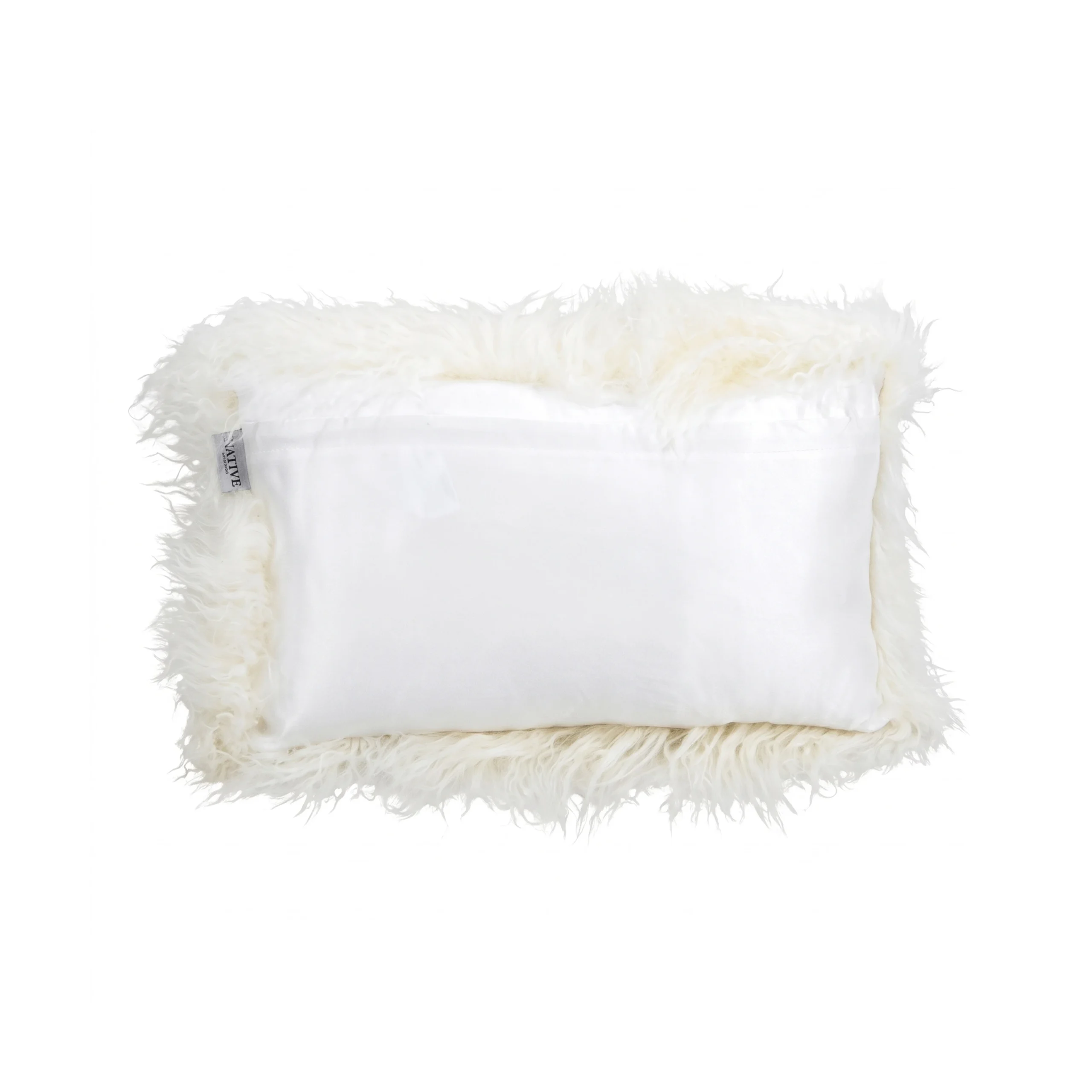 Rectangular white cushion insert with fluffy off‑white Mongolian sheepskin border.