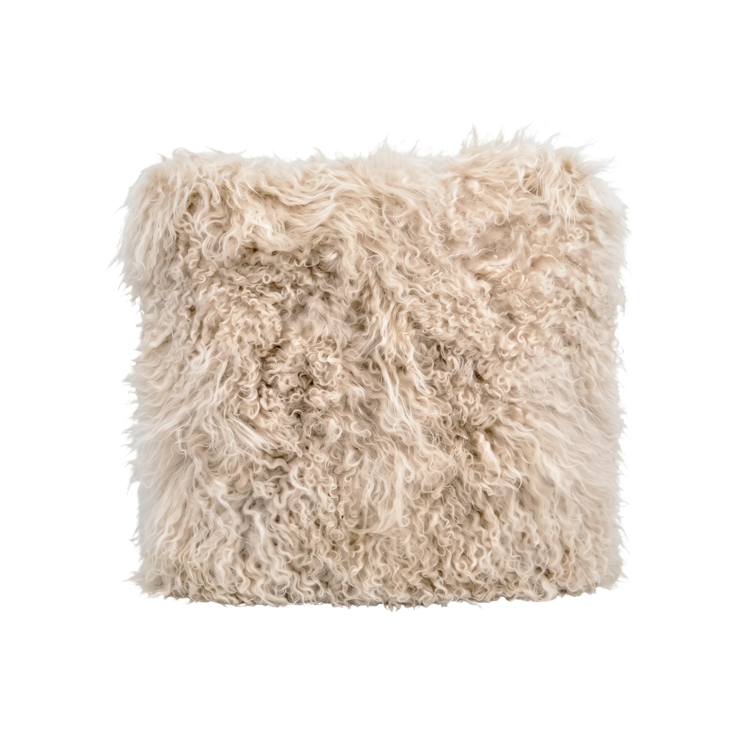 Square cream Mongolian sheepskin cushion with long curly wool front on a white background.
