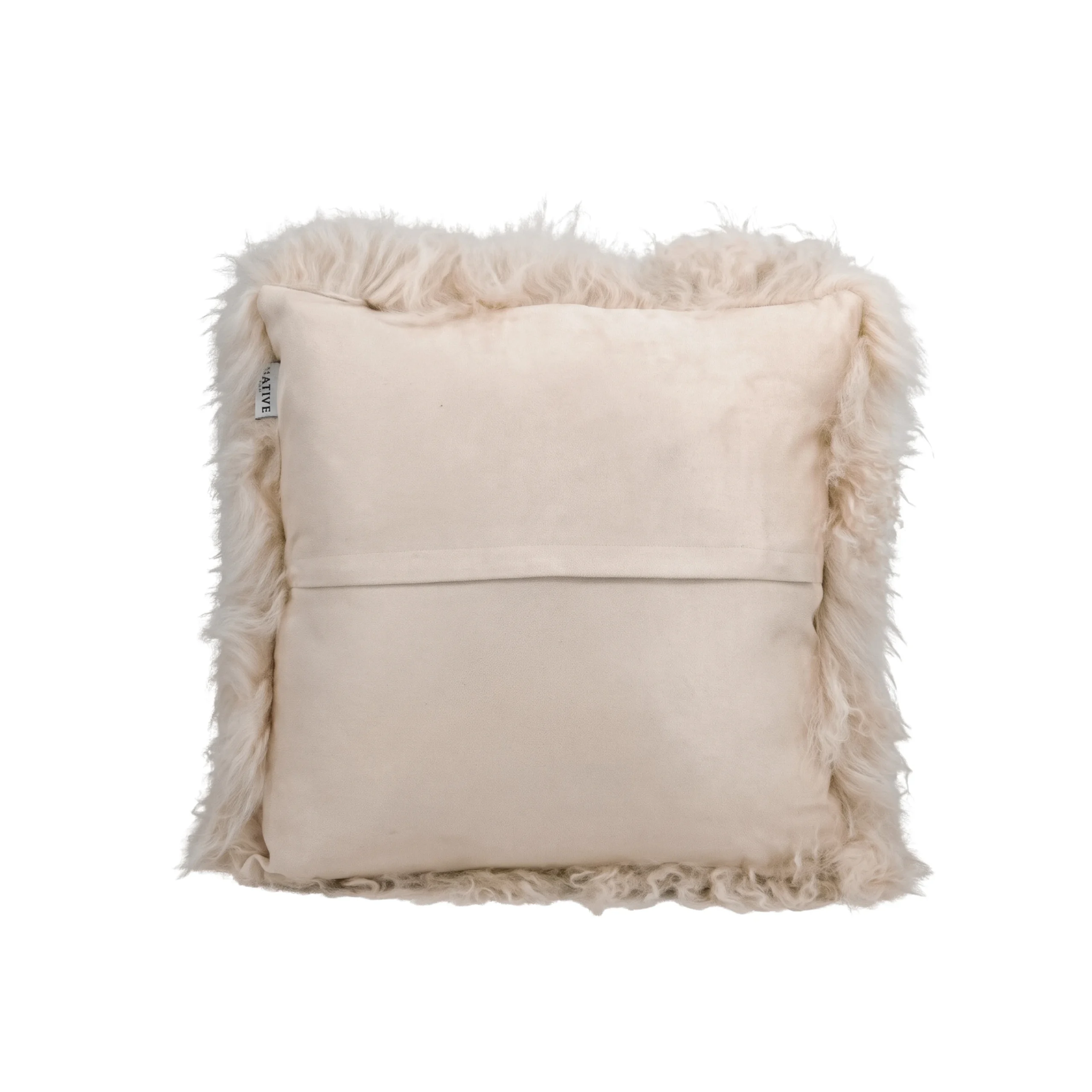 Square cushion with a cream velvet back and fluffy cream Mongolian sheepskin trim around the edges.