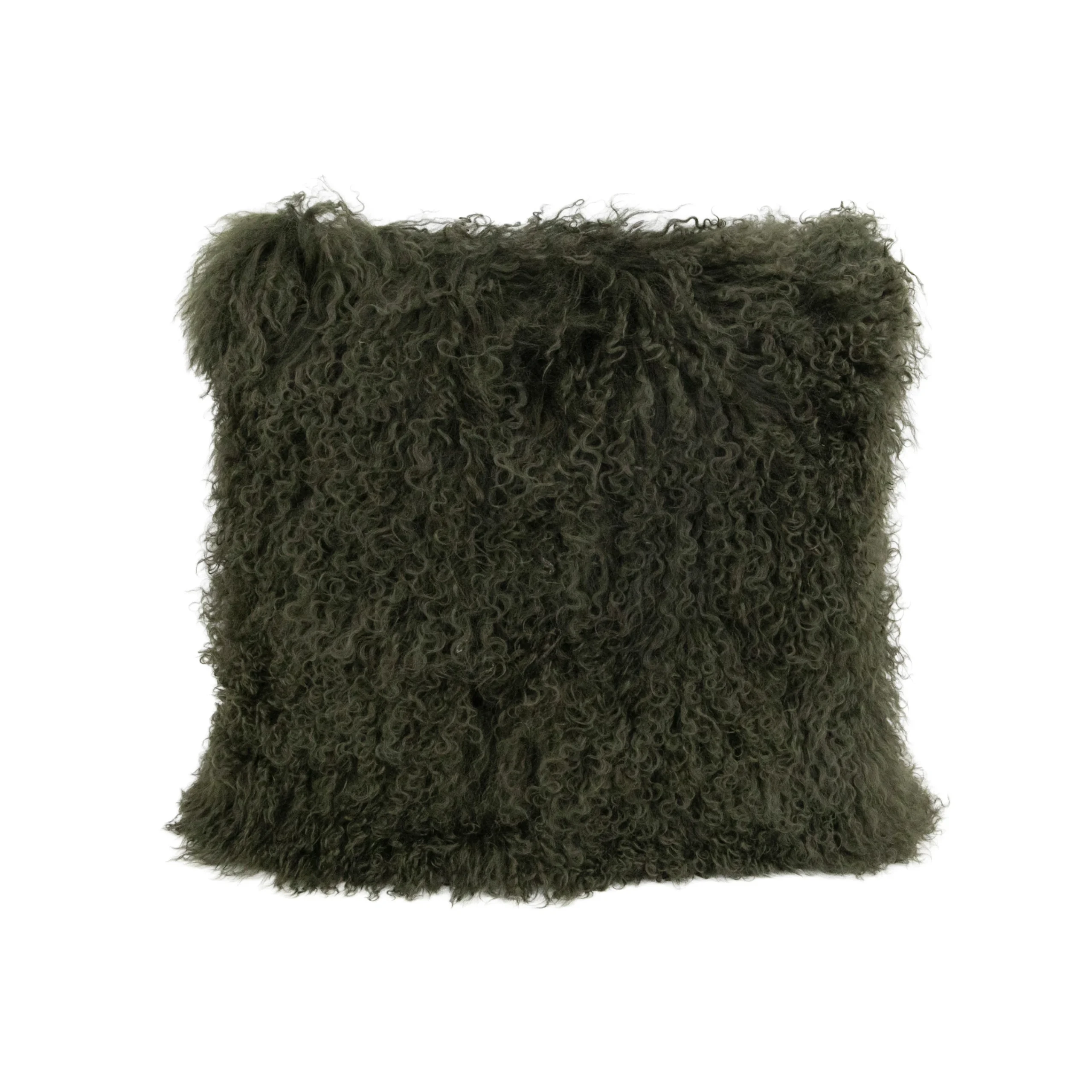 Dark forest green square cushion with long curly Mongolian sheepskin texture.