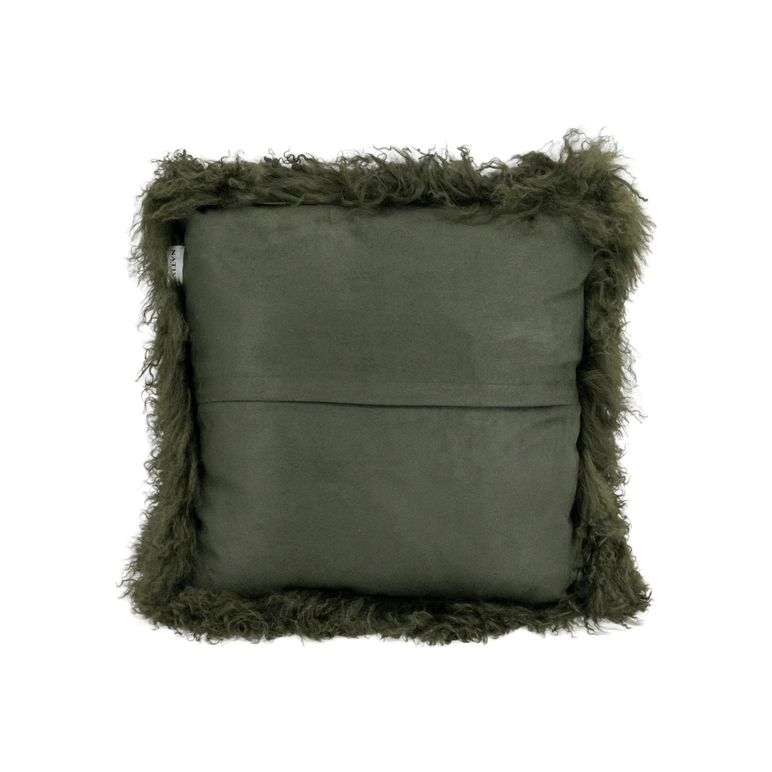 Forest green square cushion with smooth velvet back and fluffy Mongolian sheepskin trim.