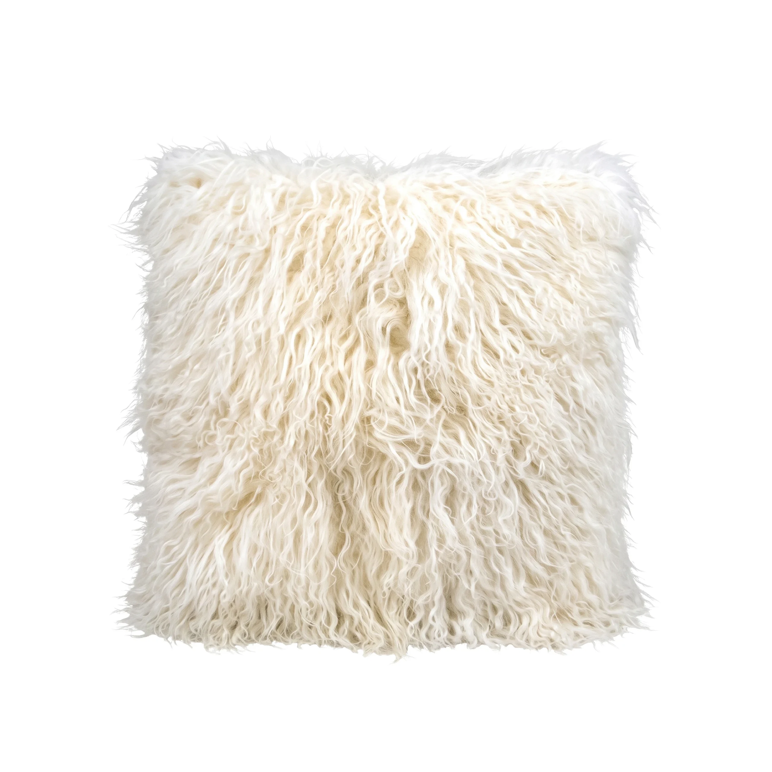 Square ivory Mongolian sheepskin cushion with long curly wool on the front.