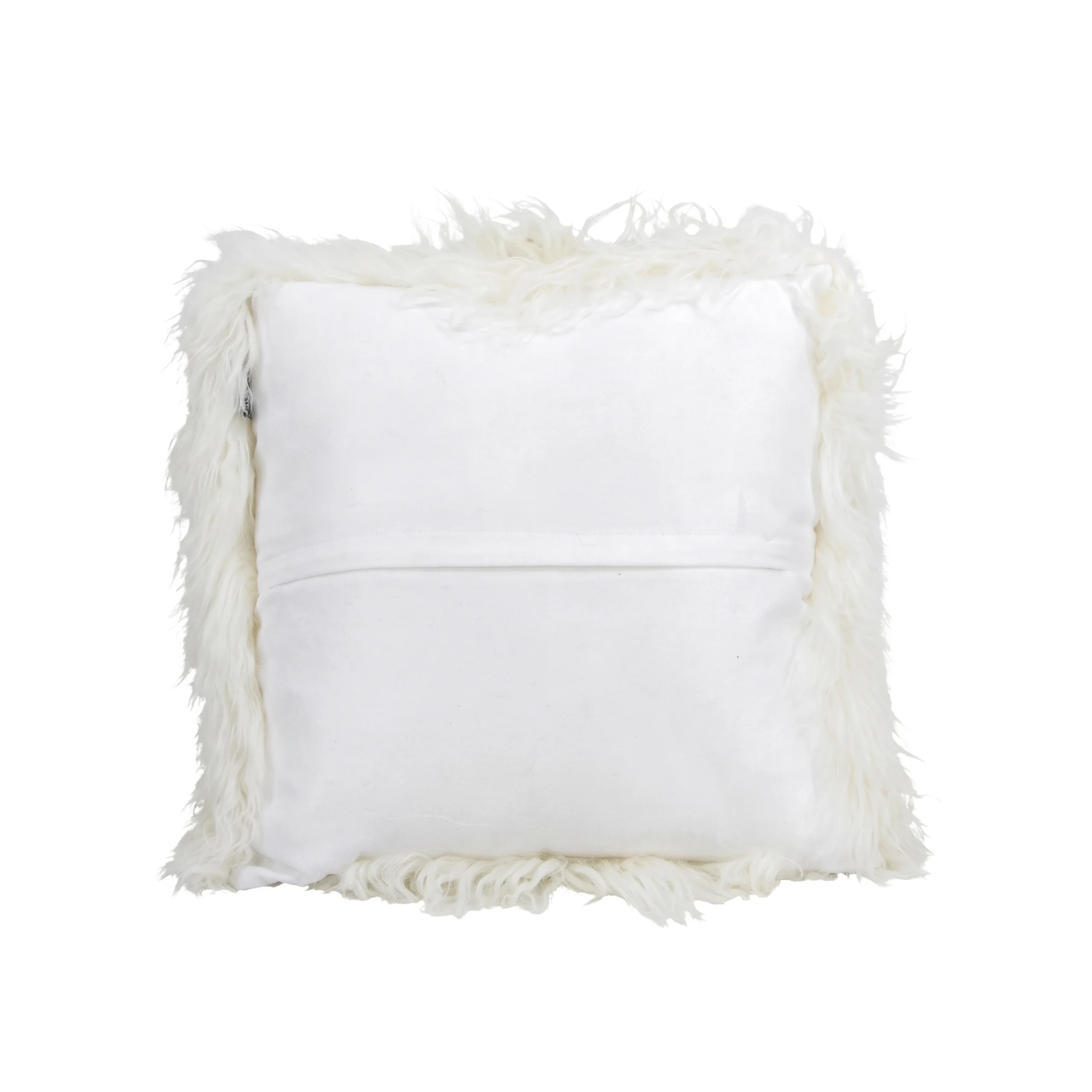 Square white cushion with a plain fabric back and a border of fluffy white Mongolian sheepskin.